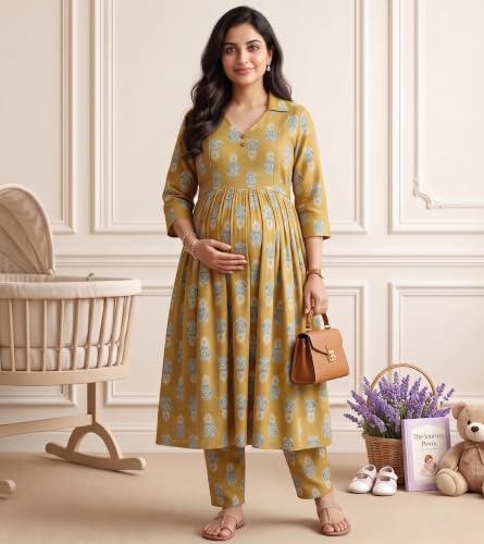Image of DUMMY SHAPE Maternity Dresses for Women Cotton | Floral Kurta Pant Dupatta Set with Nursing Zippers, Side Pocket | Pre & Post Pregnancy | Feeding Kurti Suit | Baby Shower | Gifts for Pregnant Woman