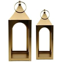 Hosley Set of 2 Modern Metal Lanterns, Gold, for Farmhouse Decor Ideal for Modern Farmhouse Decor, Home Decor Living Room, Parties, Weddings, Aromatherapy, Gifts