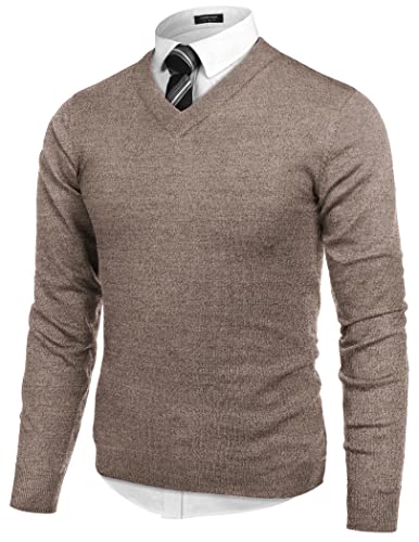 COOFANDY Men Dress Fashion Sweater V Neck Slim Fit Casual Soft Pullover Sweaters White-Brown