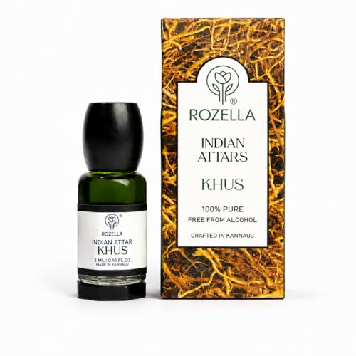 Image of ROZELLA Khus Authentic Attar for Men and Women | Cool Earthy Freshness Perfume Oil | Traditional Fragrance Blend | Non Alcoholic Long Lasting Aroma Attar Roll On | 3 ml