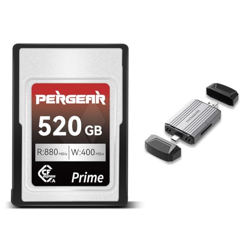 PERGEAR CFexpress tipo A professionale 520GB Scheda di memoria, velocità di lettura fino a 880 MB/s e velocità di scrittura di 900 MB/s per registrazione 4K 120P, 8K 30P, con lettore di schede