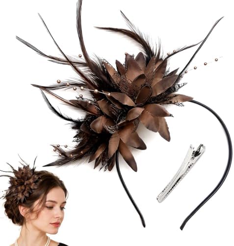 16 Count Ribbon Roses casicial Coffee Brown Fascinator Hat for Wedding, Headband & Clip ...