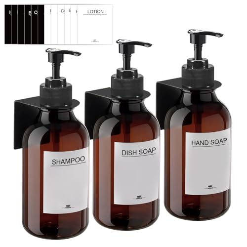 Dispenser di sapone da parete senza foratura, set da 3 dispenser di sapone da 500 ml, dispenser per sapone da parete, dispenser per detersivo, dispenser per shampoo per cucina, bagno（ambra pura）