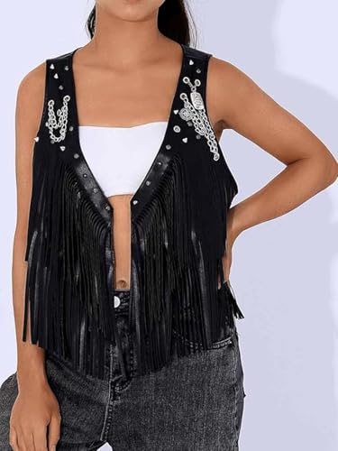 Asooll Black Fringe Vest Leather Punk Vests Jacket for Women3