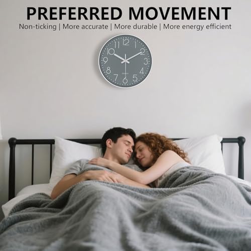 Image of Modern Silent Wall Clock - 12 Inch Wall Clocks Battery Operated Large Number, Non-Ticking Analog Clock with Tempered Glass Quartz Clocks for Living Room Bedroom Office Kitchen, Grey
