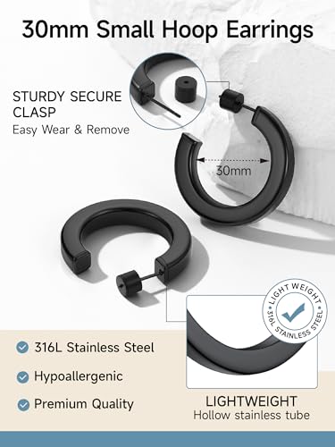 Image of Stainless Steel Chunky Hoop Earrings For Women, Minimalist and Chic, Black /Gold Plated, Round Hoops Earrings Hypoallergenic, Size: 30mm /40mm /60mm /80mm, Come with Box
