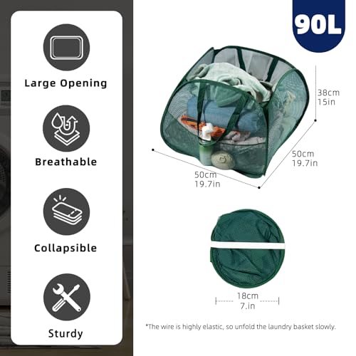 Image of Collapsible Laundry Basket 90L, Foldable Mesh Pop-up Laundry Hamper with Handles, Dirty Clothes Hamper for Laundry with Side Storage Pocket (Green)