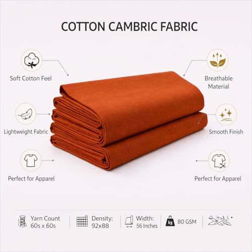 Image of Soimoi Orange Solid 60 * 60's Cotton Cambric Fabric by the Yard, 56 Inch Wide Light Weight Material Suitable for Kurtis, Blouses, Kids Clothing, Tunics, Dresses and Summer Apparel