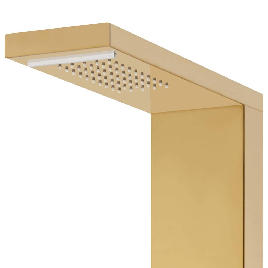Sistema di pannelli doccia in acciaio inox 201 Golden con soffione a pioggia, cascata, ugelli massaggianti e doccetta, altezza 130 cm, regolabile e orientabile, per vasca da bagno, doccia e