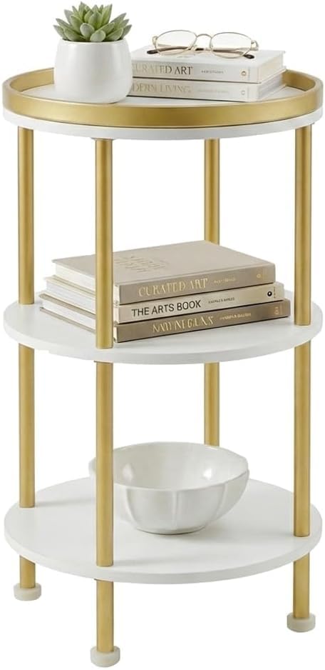 Small Round Side Table Gold Round End Table with White Shelves 3-Tier Modern Nightstand for Bedroom & Living Room 21.7 H Narrow Gold Accent Table for Small Spaces Dorm Nursery (White & Gold)