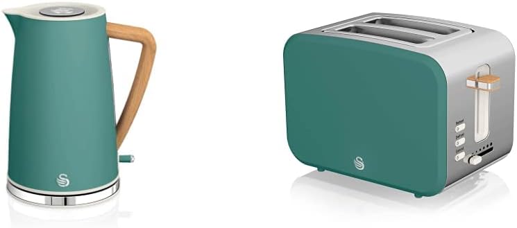 SWANNordic Jug Kettle, 1.7 Litre, Pine Green, Rapid Boil, 3kw, SK14610GREN & Nordic 2 Slice Toaster, Green, 900W, Soft Touch and Matte Finish, 6 Browning Levels, ST14610GREN