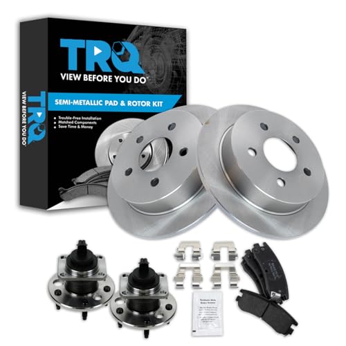 Image of TRQ Rear Brake Pad and Rotor Set Semi Metallic Rotors Wheel Hub Bearing Assembly Compatible with 1999-2004 Oldsmobile Alero 1999-2005 Pontiac Grand Am