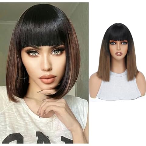 AGO Bob Wig with Bangs, Blunt Cut Bob Wig, Colored Short Straight Hair for Women, 12 Inch Brown-Black Ombre Shoulder Length Synthetic Glueless Wigs for Daily, Party, Cosplay, Halloween Cover