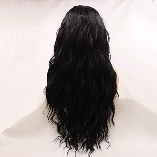 Xiweiya Long Black Wavy Synthetic Lace Front Wig - Middle Part Soft Hair Replacement for Women Drag Queen Makeup 24 inch - Image 4