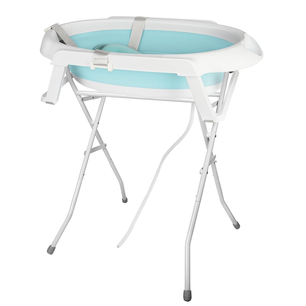 Bañera para bebé con soporte de 84,5 cm, bañera de bebe sobre pie, segura y cómoda, cuenca plegable para bebe con termómetro y cojín de baño (63 x 60 x 84,5 cm, verde)
