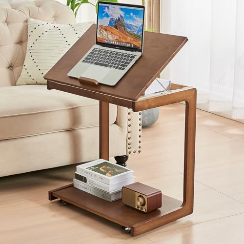C Shaped End Table for Couch - Wooden Rolling C Shaped Side Table, End Tables Bedroom Living Room...