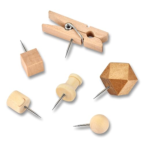 128Pcs Wood Push Pins, Thumb Tacks for Decorative, Wooden Pins and Tacks, Cork Board Thumbtacks, Cute Thumbtack for Wall and Bulletin Board, Map Pins