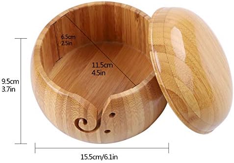 Bamboo Knitting Bowl,6.1x3.7 Inch Handmade Needlework Yarn Bowl Holder with Removable Lid Holes,Wool Knitting Storage Bowl for DIY Crochet Knitting Home Decor