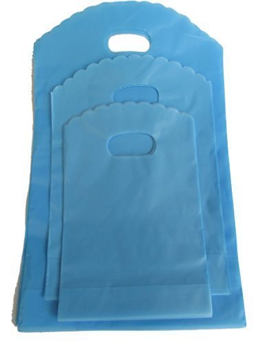Fat-catz-copy-catz Pack of 100 plain bright colours: blue, pink or yellow fashion plastic shop, market, carrier gift loot party bags, 3 sizes: 13cmx12cm, 17cmx15cm or 21cmx18cm (Plain Blue Large)