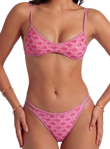 Womens Sexy Micro Bikini Sets High Cut Cheeky Two Pieces String Swimsuit Tanning Bathing Suits 2026 Brazilian Swimwear for Teens Ladies Floral Print Red M