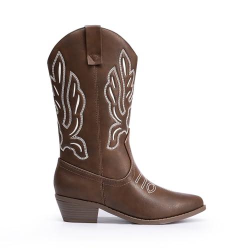 DREAM PAIRS Women's Cowboy Boots Mid Calf Cowgirl Boots Embroidery Stitched Western Boots,Size 6.5,Brown-Pu,DWUMMB2419