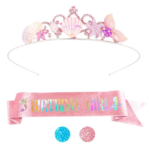 Didder Mermaid Birthday Outfit - Pink Sash, Crown, and Party Decorations Gift for Girls