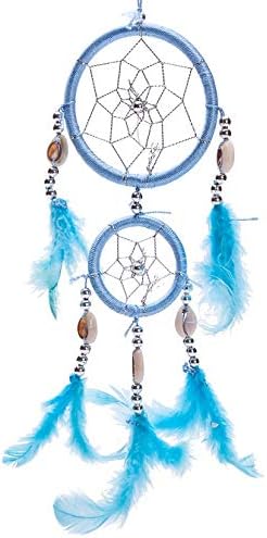 Atrapasueños azul tradicional de 12 pulgadas con plumas para colgar en la pared o el automóvil, 2 círculos
