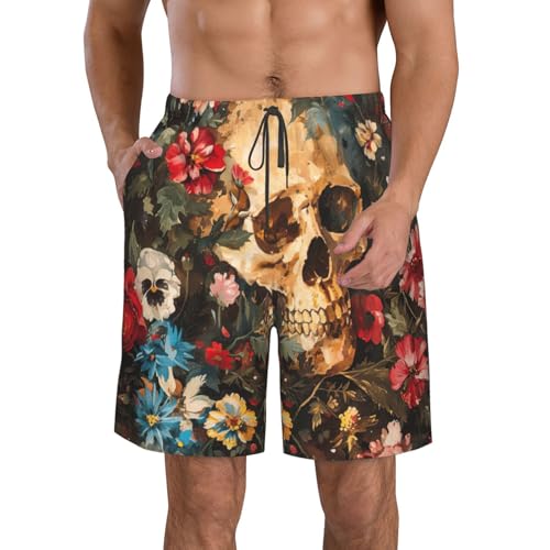Floral Skull Print Stylish Beach Shorts Swim Trunks Lightweight Breathable Summer Outdoor Activities