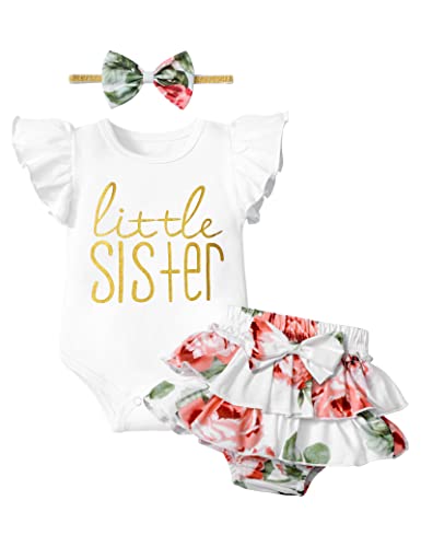 Image of ADIFUN Baby Girl Clothes,Girl Summer Outfit Romper Sets Ruffle Short Sleeve Top+Shorts+ Bow Hairband 3Pcs Set