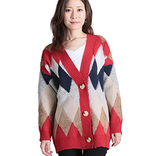 [cloverdepot] [クローバーデポ] ニット カーディガン アーガイル柄 アーガイル ボアニットカーディガン ボア レディース 羽織り ガウン 長袖 Vネック ポケット付き b2710036 F レッドのサムネイル