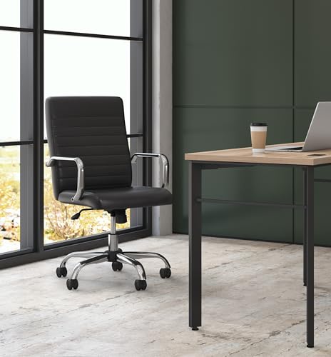 Image of HON Sadie Executive Ergonomic Office Chair with Leather Upholstery, Chrome Arms and Back Support, Mid Back Desk and Computer Chair for Home Office or Conference Room, 360 Swivel, Black