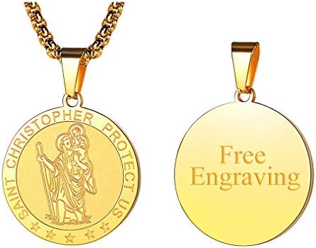 FaithHeart Personalised St Christopher Necklace for Men Engraved Patron Saints of Travellers Pendant Catholic Jewellery Gold/Black/Stainless Steel Saint Christopher Necklaces Christening Gifts for Boys Child