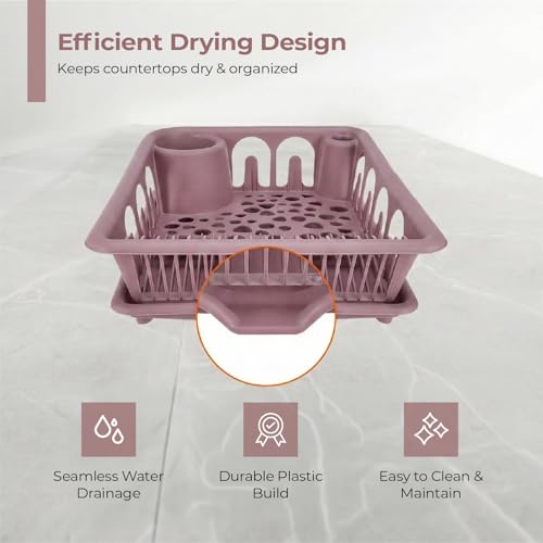 Image of Lifelong Plastic Dish Drying Rack with Drain Tray, Kitchen Dish Drainer with Cutlery Holder, Utensil Organizer for Plates, Bowls & Cups (Pink)