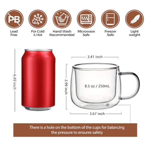 CNGLASS 8.5oz Double Walled Glass Coffee Mugs with Handle,Clear Espresso Cups for Latte,Cappuccino,Tea Bag,Set of 4 - image 2
