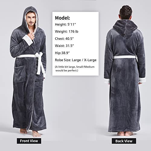 Image of FashGudim Mens Robes Big and Tall with Hood Two-Tone Flannel Fleece Contrast Bathrobe Full Length Plush Long Robe House Coat