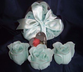 IGC Scented Rose Shaped Soaps in Heart Box - Light Blue (Set of 72) with Satin Ribbon & Thank You Card - Wedding Favors