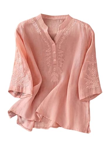 GORGLITTER Women's Linen Shirts Boho Gauze Tops 2025 Floral Embroidered 3/4 Sleeve Peasant Blouses Dressy Casual