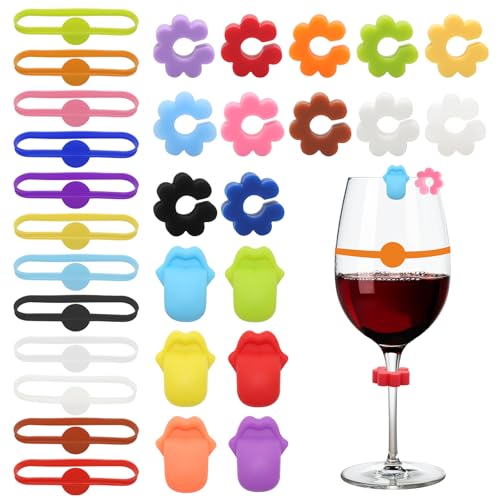 MAIXINNEW Lot de 30 Marqueur de Verre à Boire en Silicone, Marqueur de Boisson pour Verre Multicolores, Marqueurs de Verre Réutilisables à Boire pour Fête,...