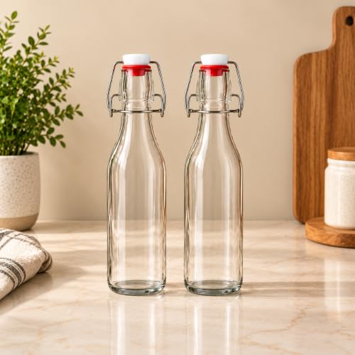 Image of Clear Glass Bottles with Airtight Swing Top Lids - Leakproof Reusable Glass Jars for Juice, Oil, Water, Milk, Kombucha, Vinegar, Beverages - Round, Pack of 2
