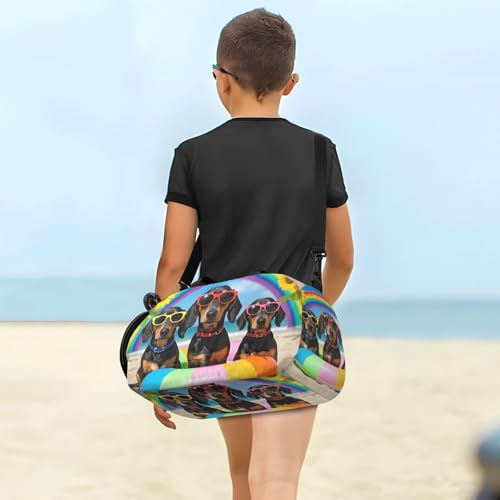 Duffle Bag for Boys or Girls with Shoes Compartment, Dachshund Sunglasses Sunflowers Sports Travel Bag Overnight4