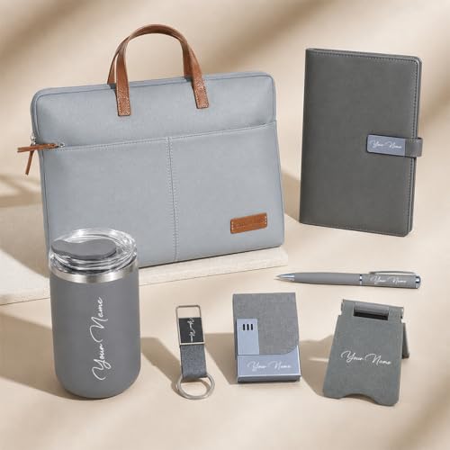 Image of Giftana 7 in 1 Laptop Bag with Personalized Diary & Pen, Keychain, Card Holder, Mobile Stand, Coffee Tumbler 350ml, Customized Gift for Husband, Employee Welcome Kit, Corporate Gift for Employees (Grey)