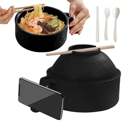 Microwave Ramen Bowl, New Ramen Noodles Bowl Set with Lid, Chopsticks, Spoon and Fork, Ramen Noodle Cooker with Lid and Handle, Portable Noodle Bowl for Home Office Dorm Room College (Black)