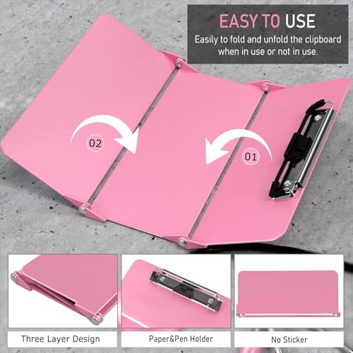 Image of Nursing Clipboard Foldable Without Edition Cheat Charts, 3 Layers Aluminum, Nurse Board w /Low Profile Clip&Pen Clip Pocket, Pink