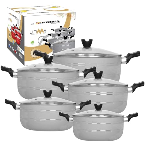 10Pc Professional Non Stick Teflon Coated Casserole Cookware Set -with Lids, Kitchen Cooking Pans, Multi Purpose Kitchenware Durable Food Preparation | Grey