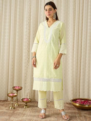 Image of INDO ERA Women's White Viscose Rayon Straight Embroidered Kurta