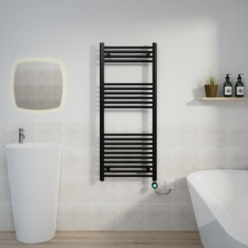 Warmehaus Black Electric Heated Towel Rail Straight Thermostatic Bathroom Towel Radiator with Timer - 1200x500mm 600W