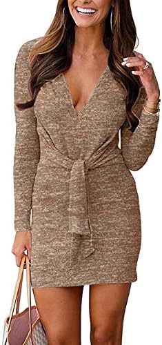 VANCOL Women’s Deep V Neck Long Sleeve Tie Front Knit Mini Bodycon Club Dress Plain Party Dress