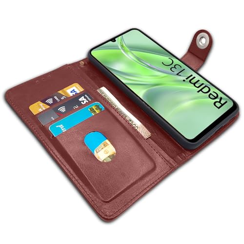 Image of Pikkme Redmi 13C 4G | Poco C65 Flip Cover Leather Finish | Inside TPU with Card Pockets | Wallet Stand and Shock Proof | Complete Protection Button Flip Case (Brown)