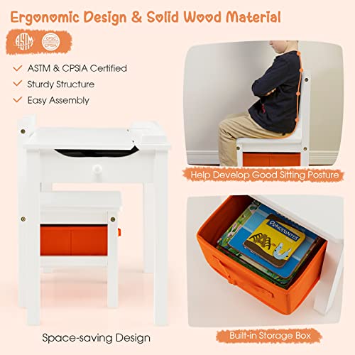 Costzon Kids Table And Chair Set, Flip Top Toddler Study Desk W/Chair For Playroom & Nursery, Wood Activity Table Set W/Storage Space, Safety Hinge, Pull-Out Drawer & Hook For Arts, Crafts (White) #TOP3