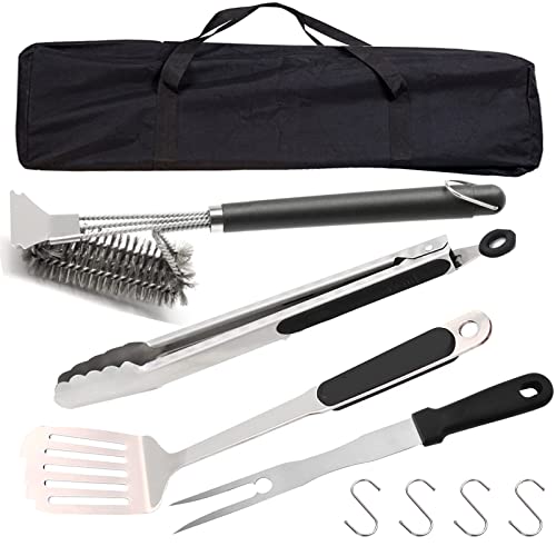 Herramientas de Barbacoa 5 Juegos, Acero Inoxidable Conjunto de Herramientas de Parrilla para Hombre y Mujer Incluye Cepillo de Limpieza, Espátula, Pinzas, Tenedor, con Mango Largo y Lazo para Colgar Cover